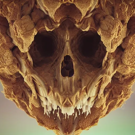 Image similar to extreme closeup photo of a hornet nest in the shape of a skull, by Artgerm and Beeple, 3D render,subsurface scattering,global illumination,raytracing,studio lighting, lens flare,bokeh,cinematic,photorealistic, 4K, UHD, HDR