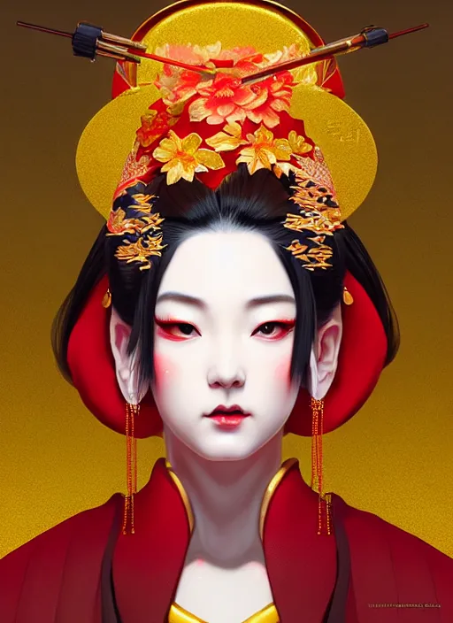 Prompt: dreamlike luxury stunning oiran portrait, red and gold kimono, art by artgerm, wlop, loish, ilya kuvshinov, 8 k realistic, hyperdetailed, beautiful lighting, detailed background, depth of field, symmetrical face, frostbite 3 engine, cryengine,