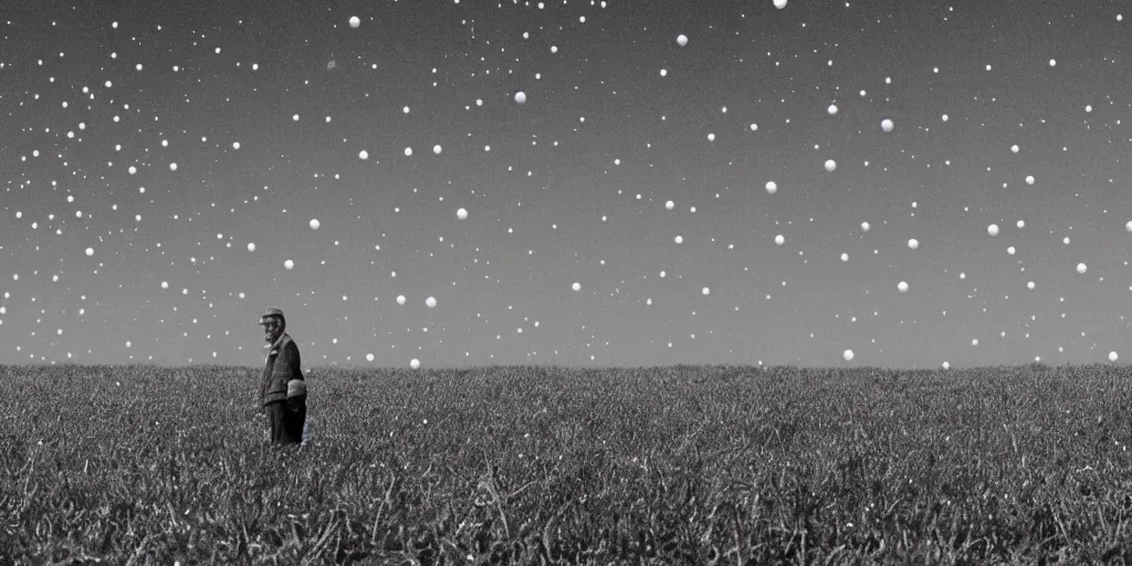 Image similar to an old man in a field looking at multiverse bubbles in the sky, scene from a stanley kubrick movie, in c