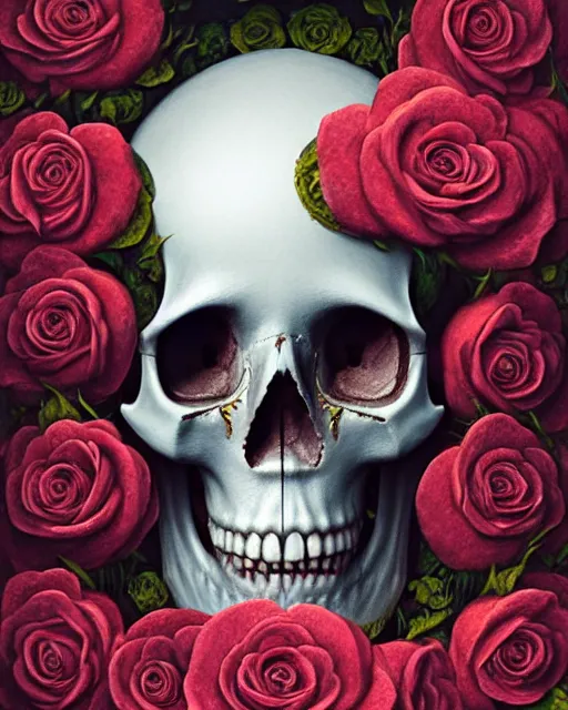 Prompt: portrait of a female skull with roses instead of eyes. roses, intricate abstract upper body intricate artwork, by zdzislaw beksinski tooth wu, wlop, beeple, dan mumford. concept art, octane render, deviantart, greg rutkowski, cinematic arthouse, key art, hyper realism, iridescent accents