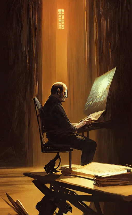 Image similar to portrait of salman rushdie writing in the dark, deep focus, blade runner 2 0 4 9, fantasy, intricate, elegant, highly detailed, digital painting, artstation, concept art, matte, sharp focus, illustration, art by artgerm and greg rutkowski and alphonse mucha