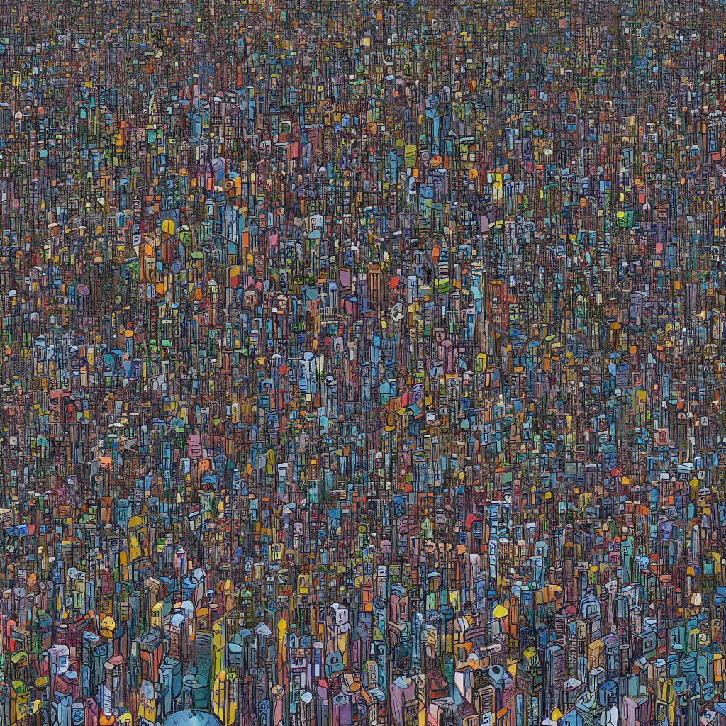 Image similar to wimmel bild by martin handford, by hiro kamigaki, tiny people in a huge city, perspective, digital art, surrealism,