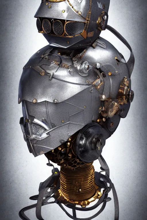 Image similar to steampunk mask minimalist fantasy art robot ninja helmet, global illumination ray tracing hdr fanart arstation by sung choi and eric pfeiffer and gabriel garza and casper konefal radiating a glowing aura