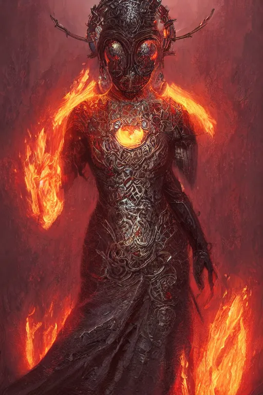 Prompt: Long Worm made of Fire wrapped around the arm of the beautiful fire goddess, ornate dress armor, digital art, trending on artstation, cgsociety, detailed, illustration, professional art by Seb McKinnon