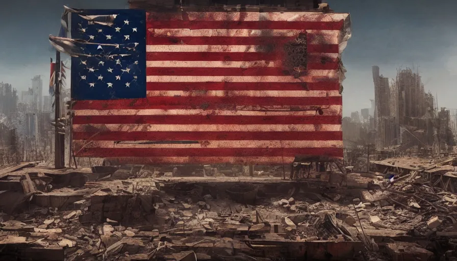 Image similar to american pole flag in city ruins, hyperdetailed, artstation, cgsociety, 8 k