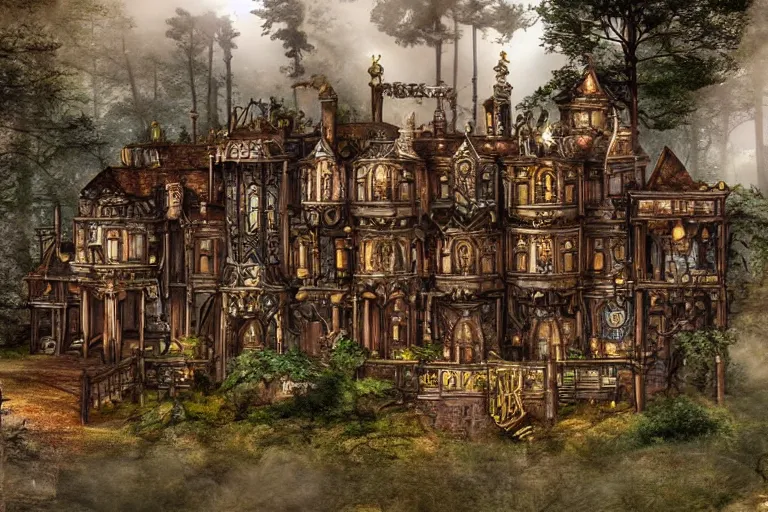 Image similar to photograph of a fantasy style woodland steampunk mansion with clockwork mechanic doors in an ancient forest