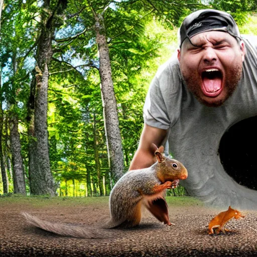 Image similar to ultra detailed photo of man screaming thrashing on the ground while a squirrel crawls out of a gaping hole in his chest