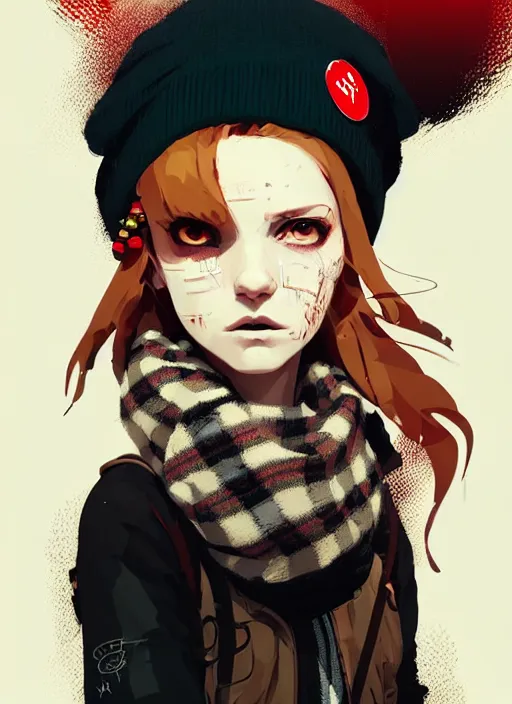 Image similar to highly detailed portrait of a sewer punk lady student, beanie, tartan scarf, wavy blonde hair by atey ghailan, by greg rutkowski, by greg tocchini, by james gilleard, by joe fenton, by kaethe butcher, gradient red, black, brown and cream color scheme, grunge aesthetic!!! white graffiti tag wall background