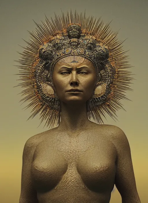 Image similar to CGI, HYPER REALISTIC VFX SIMULATION of THE QUEEN OF THE SUN BY ZDZISŁAW BEKSIŃSKI, HIGHLY INTRICATELY DETAILED 3D OCTANE RENDER