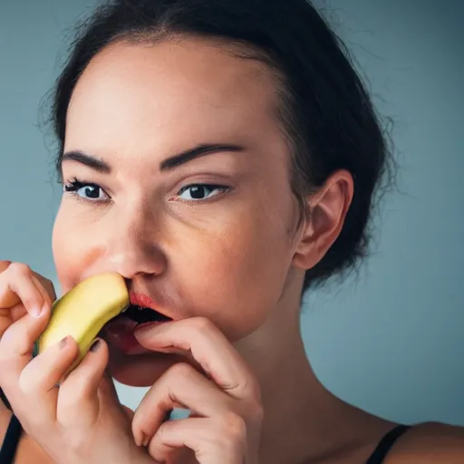 Image similar to close up photography of a woman that is about to bite into a banana but she just didnt do it yet, profile, close camera