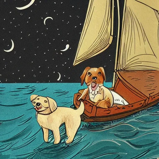 Image similar to a masterpiece detailed illustration of a cute dog on a boat. the scene is detailed and beautiful. the illustration combines the style of michael foreman and jane clarke. 3 / 4 view.