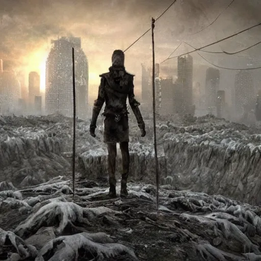 Prompt: a huge city walking on 8 spider legs through a post apocalyptic tundra, fantasy, cinematic