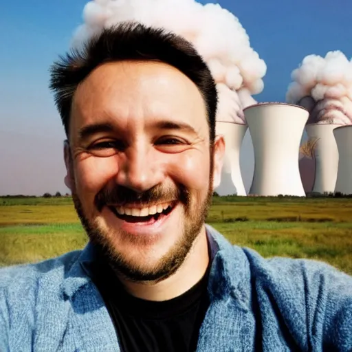 Prompt: a man smiling, in the background is a nuclear reactor which is exploding, hyper realistic, selfie, very detailed.