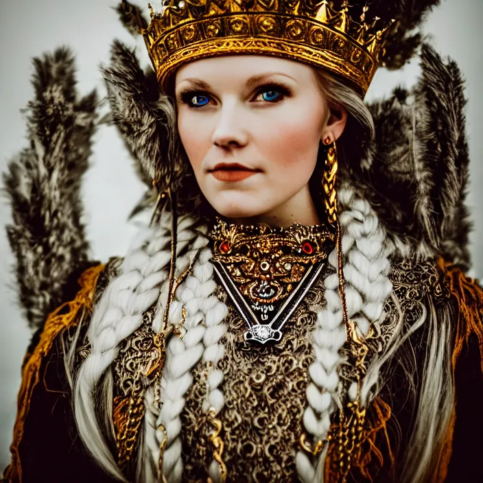 Prompt: photograph of a very beautiful nordic queen, with ornate cloack, extremely detailed. dslr. 3 5 mm.