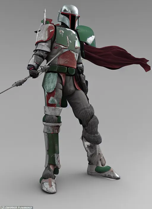 Image similar to boba fett as a medieval knight, fantasy inspired boba fett as a knight in a scenic environment, 3 d digital art, character mashup, epic volumetric lighting, combination art, photorealistic, sharp focus, aesthetic, inspired by zbrush