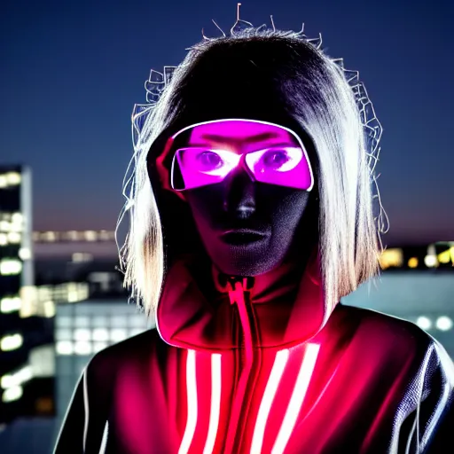 Image similar to photographic portrait of a techwear woman, closeup, on the rooftop of a futuristic city at night, sigma 85mm f/1.4, 4k, depth of field, high resolution, full color