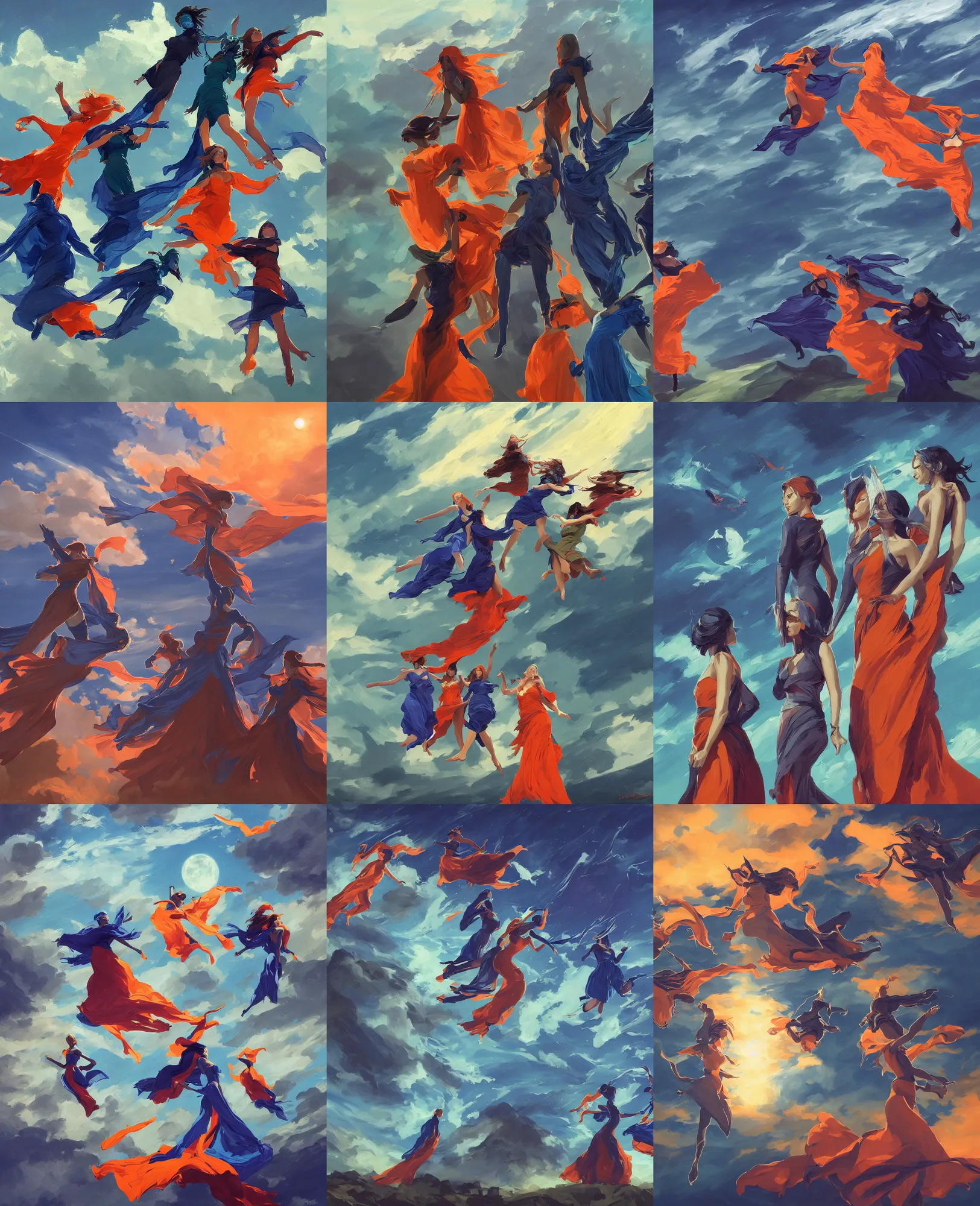 Prompt: three flying girl in orange and blue maxi dresses between clouds above green fields in moon light, close up portrait, elegant, league of legends and warframe, intricate, digital painting, artstation, concept art, dark night, epic composition, smooth, sharp focus, illustration, art by ed mell and Daniel F. Gerhartz and Jacek Malczewski and gustav klimt, Tibor Nagy
