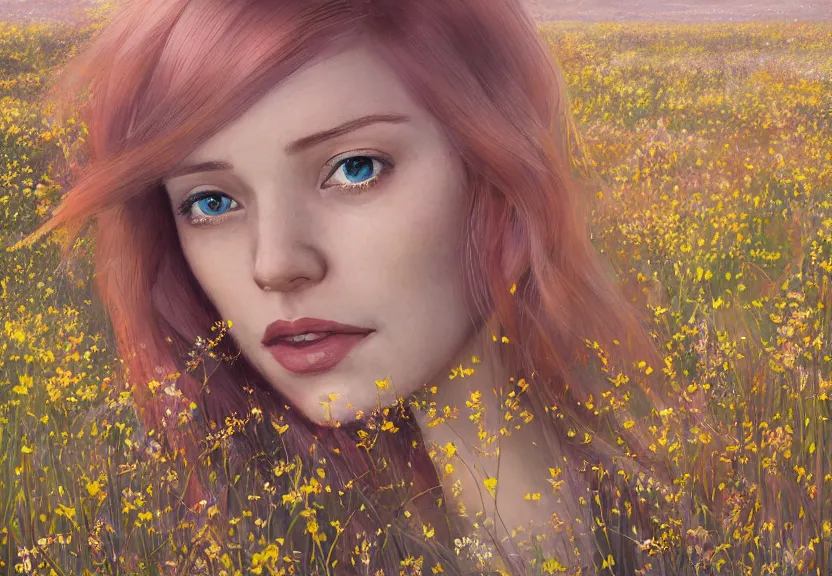 Prompt: a woman seen from behind from a distance with copper hair and a flowing yellow sundress dancing in a field of wildflowers, with cute - fine - face, pretty face, realistic shaded perfect face, fine details by realistic shaded lighting poster by ilya kuvshinov katsuhiro otomo, magali villeneuve, artgerm, jeremy lipkin and michael garmash and rob rey