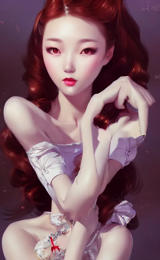 Image similar to a pin up and beautiful fashion charming dreamlke korea girl with lv jewelry, character art, art by artgerm lau and kyoung hwan kim and and ilya kuvshinov and john singer sargent, hyperdetailed, 8 k realistic, symmetrical, frostbite 3 engine, cryengine, dof, trending on artstation, digital art