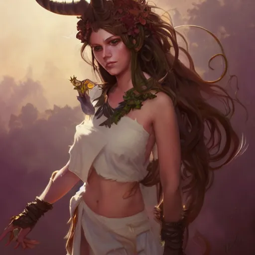 Image similar to cute Whimsical Tiefling Druid with cute horns , light-brown skin, D&D, fantasy, portrait, highly detailed, digital painting, artstation, concept art, sharp focus, illustration, art by greg rutkowski and alphonse mucha