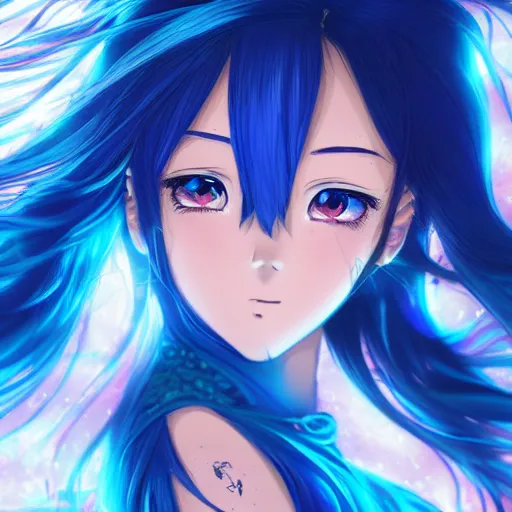 Prompt: advanced digital anime art, a very cute beautiful and gorgeous woman with a body made of fire and water , full body, very long wavy blue hair, white highlights in hair, azure blue watery eyes, full round face, cinematic lighting, mid-shot, highly intricately detailed, trending on pixiv, Artstation, Totorrl, Visual Key, and Sakimichan