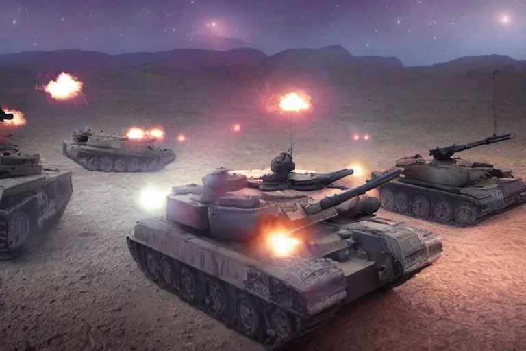 Image similar to battlefield at night, flares light up tanks moving across a desert