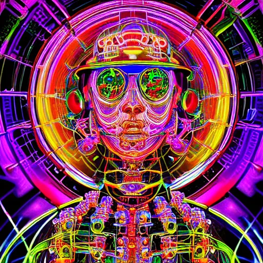 Image similar to hyperdetailed masterpiece portrait of a steampunk robot, covered in colorful glowing holy geometry and chakras, wearing multicolored tubes and cables, 8 k, halluzinogenic, flourescent colors on black background, sticker art