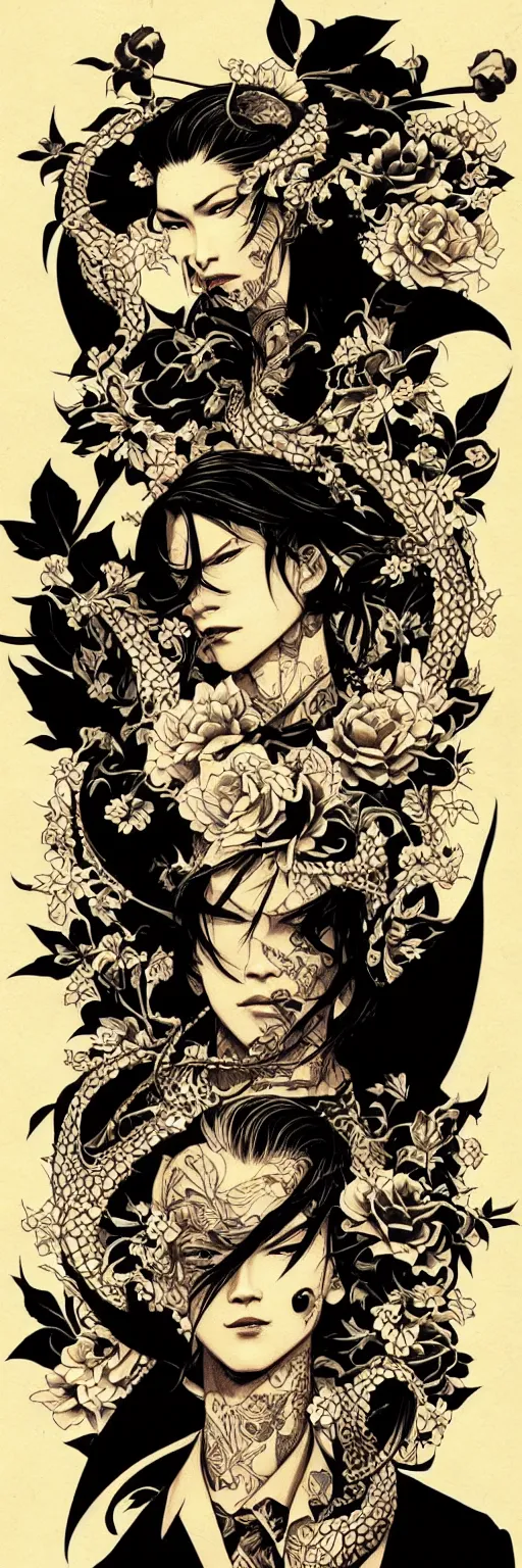 Prompt: silhouette of Yakuza style tattoosillustration, intricate, elegant, highly detailed, digital art, ffffound, art by JC Leyendecker and sachin teng