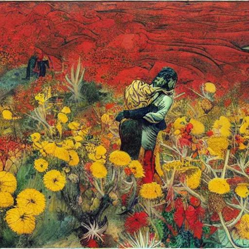 Prompt: two people in red desert captured by massive intricate mystical roots of in a sea of yellow flowers, surrounded by swirls of prickly flowers, highly detailed, intricate, surreal, painting by Franz Marc, part by Yoji Shinkawa, part by Norman Rockwell