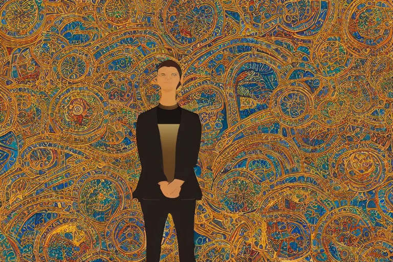 Prompt: man standing inside his own dreams by lina iris viktor, japanese golden decorations, 2 d flat digital illustration, opulent mosaics 4 k