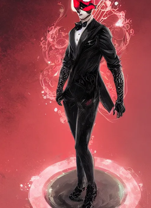 Image similar to a highly detailed illustration of short wavy haired man wearing masquerade and red and black suit, dramatic standing pose, intricate, elegant, highly detailed, centered, digital painting, artstation, concept art, smooth, sharp focus, league of legends concept art, wlop