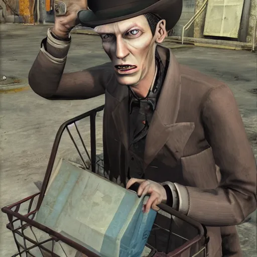 Image similar to nick valentine is sitting in a shopping cart, realism, proportions, 1 6 f, stylization for fallout 4