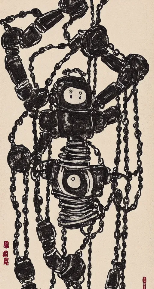 Prompt: a robot hanging by chains upside down peacefully, beautiful Japanese ink painting inspired by the hanged man tarot card, sharp lines