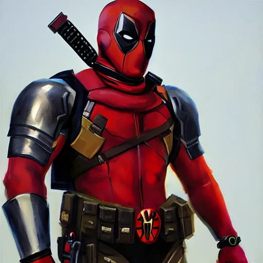 Image similar to greg manchess portrait painting of armored deadpool as overwatch character, medium shot, asymmetrical, profile picture, organic painting, sunny day, matte painting, bold shapes, hard edges, street art, trending on artstation, by huang guangjian and gil elvgren and sachin teng