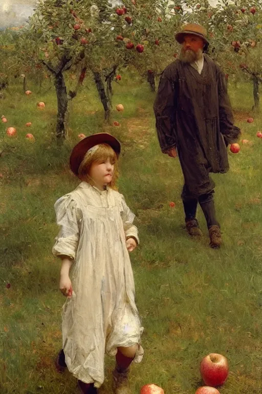 Image similar to Solomon Joseph Solomon and Richard Schmid and Jeremy Lipking victorian genre painting full length portrait painting of a young cottagecore walking in an apple orchard, red background