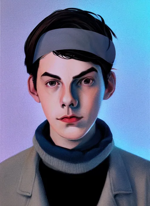 Image similar to portrait of teenage jughead jones wearing a light grey crown, crown, blue turtleneck, 1 9 5 0 s, closed eyes, photorealistic, black hair, glowing lighting, intricate, elegant, glowing lights, highly detailed, digital painting, artstation, concept art, smooth, sharp focus, illustration, art by wlop, mars ravelo and greg rutkowski