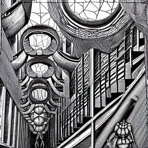 Image similar to a giant spider in a huge bright maze of many doorways and lots of stairs, many doorways, inside MC Escher architecture, artstation, Junji Ito, epic composition