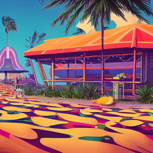 Image similar to inside psychedelic beachfront fast food restaurant with palm trees by simon stalenhag