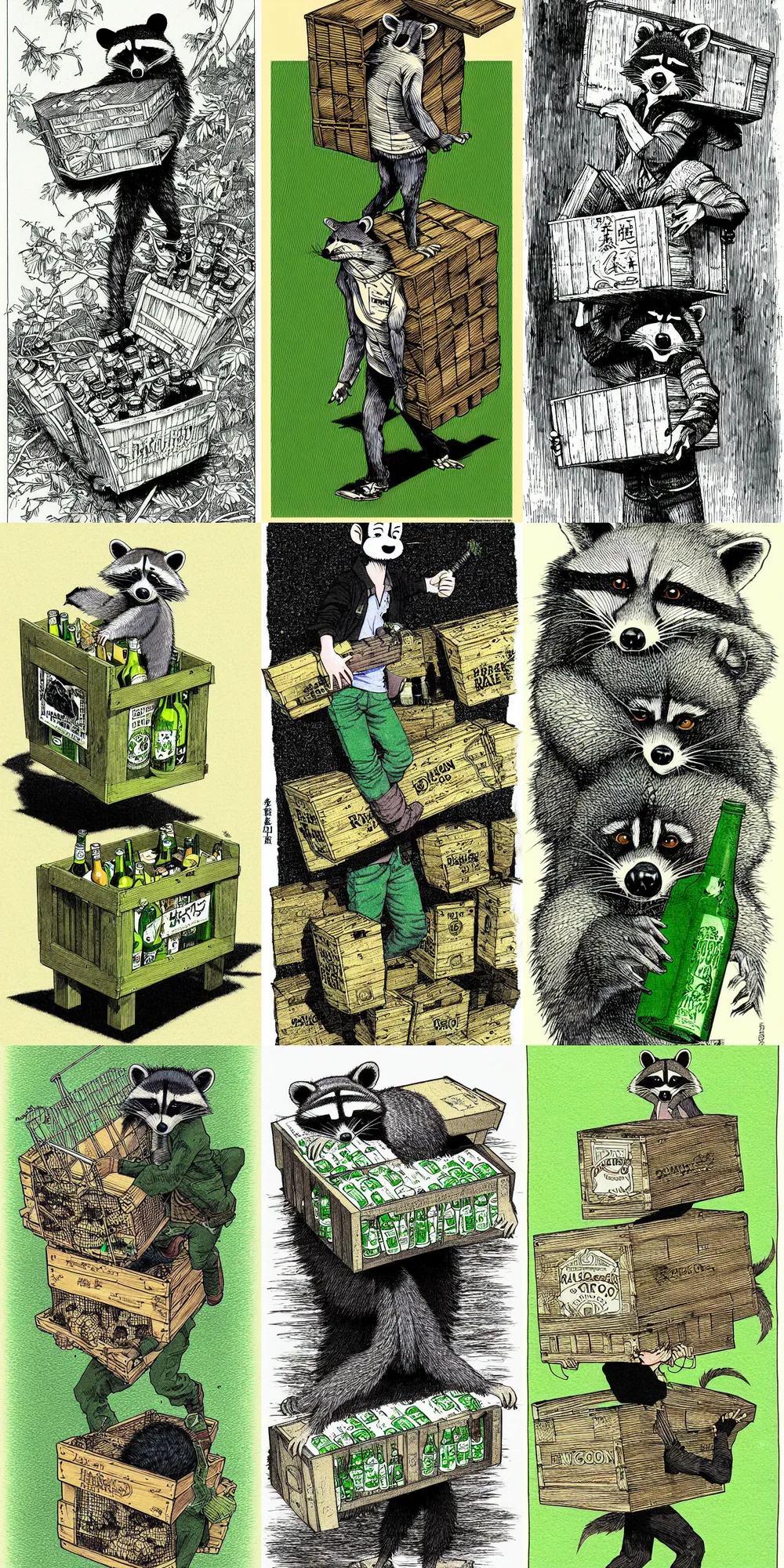 Prompt: illustration highly detailed shaded of a racoon carrying a crate full of dark green beer bottles full body, by kim jung ji, katsuhiro otomo and junji ito