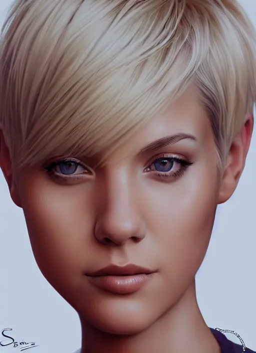 Image similar to photo of a gorgeous young woman with blonde hair, pixie cut, in the style of stefan kostic, realistic, sharp focus, 8k high definition, insanely detailed, intricate, elegant, art by stanley lau and artgerm