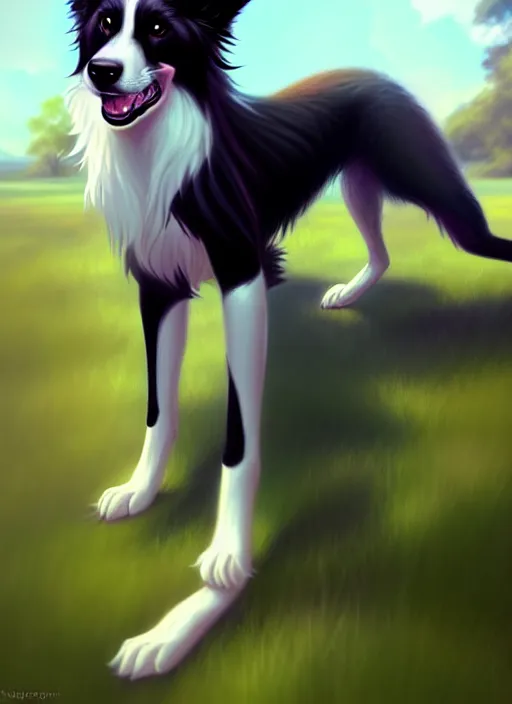 Prompt: wide angle beautiful full body portrait of a cute male anthro border collie fursona with two legs posing in front of a park, character design by charlie bowater, henry asencio, and ross tran, furry art, furaffinity, beautiful, glamor pose, detailed, aesthetic, trending on artstation