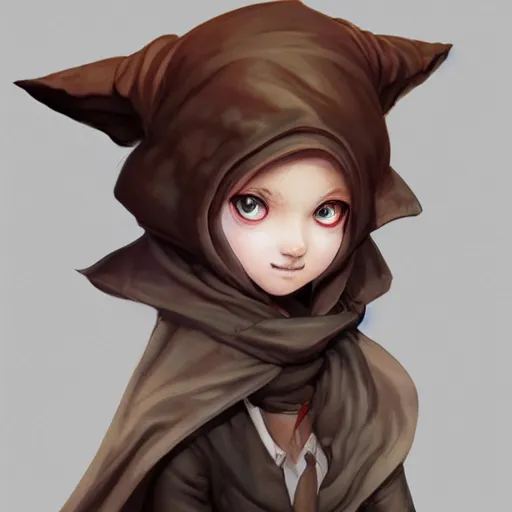 Prompt: Goblin Cleric with large expressive eyes and a scarf, hatched ear, highly detailed, by Range Murata, artgerm, digital illustration, beautiful, concept art, trending on artstation, 4k