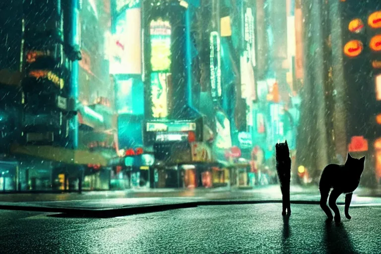 Image similar to VFX movie of a futuristic cat walking through a cyberpunk city rainy night natural lighting by Emmanuel Lubezki