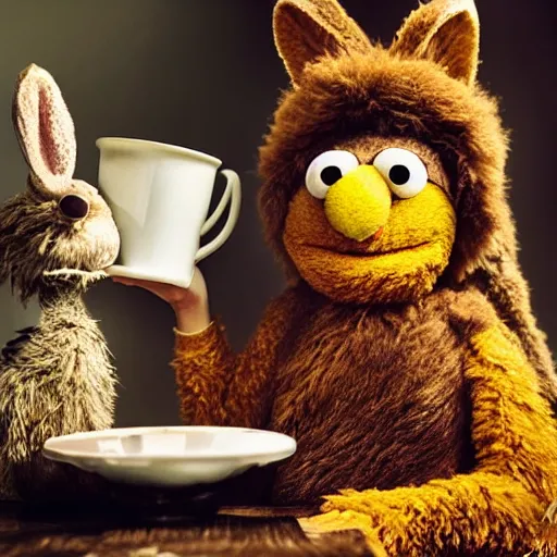 Image similar to a fluffy brown rabbit muppet wearing monk garb and holding a wolf skull mask and sat beside a cup of tea, photorealistic, nature, photography, national geographic, sesame street