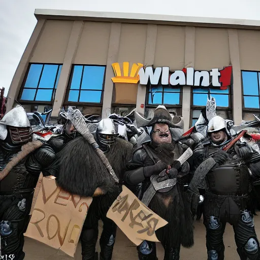 Image similar to orcs standing outside of a Walmart, protesting the working conditions, High detail, 2005