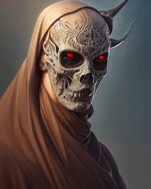 Image similar to portrait of a satanic grim reaper, detailed face, upper body, decorated, intricate, elegant, highly detailed, digital painting, artstation, concept art, smooth, sharp focus, illustration, art by artgerm and greg rutkowski and alphonse mucha, 8 k