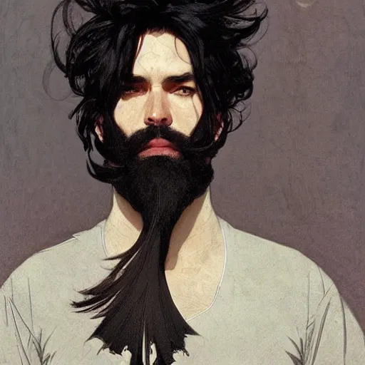 Prompt: portrait of a man with black hair and beard, looking directly into the camera, background is complete chaos, sharp focus, illustration, art by greg rutkowski and alphonse mucha''