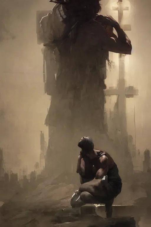 Image similar to man kneeling at the foot of a wooden cross, dramatic lighting art by Yoji Shinkawa by Richard Schmid by greg rutkowski by Sandra Chevrier by Jeremy Lipking cinematic dramatic, by frank miller, illustration by Ruan Jia and Mandy Jurgens and William-Adolphe Bouguereau, Artgerm, 4k, digital art, surreal, space dandy style, highly detailed, godsend, artstation, digital painting, concept art, smooth, sharp focus, illustration by Ruan Jia and Mandy Jurgens and William-Adolphe Bouguereau, Artgerm