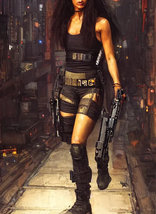 Image similar to 👩🏾🏭. cyberpunk mercenary in a military vest ( blade runner 2 0 4 9, cyberpunk 2 0 7 7 ). orientalist portrait by john william waterhouse and james gurney and theodore ralli and nasreddine dinet, oil on canvas. cinematic, hyper realism, realistic proportions, dramatic lighting, high detail 4 k