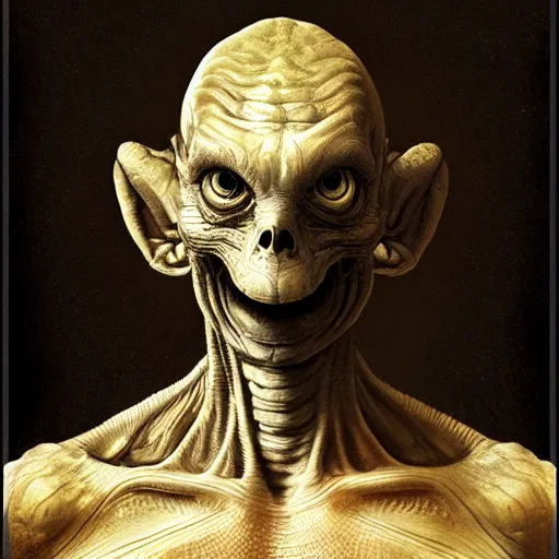 Prompt: portrait of a reptilian space alien in the style of rembrandt and norman rockwell, symmetry, 4k, artstation, highly realistic